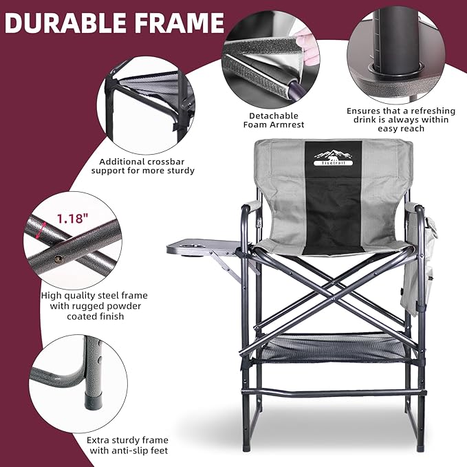 Tisetrail Tall Directors Chair 30" Seat Height, Bar Height Folding Chair with Side Table, Foldable Camping Chair with Side Pocket for Makeup Artist, Sports Event, Supports 400LBS - Black/Gray