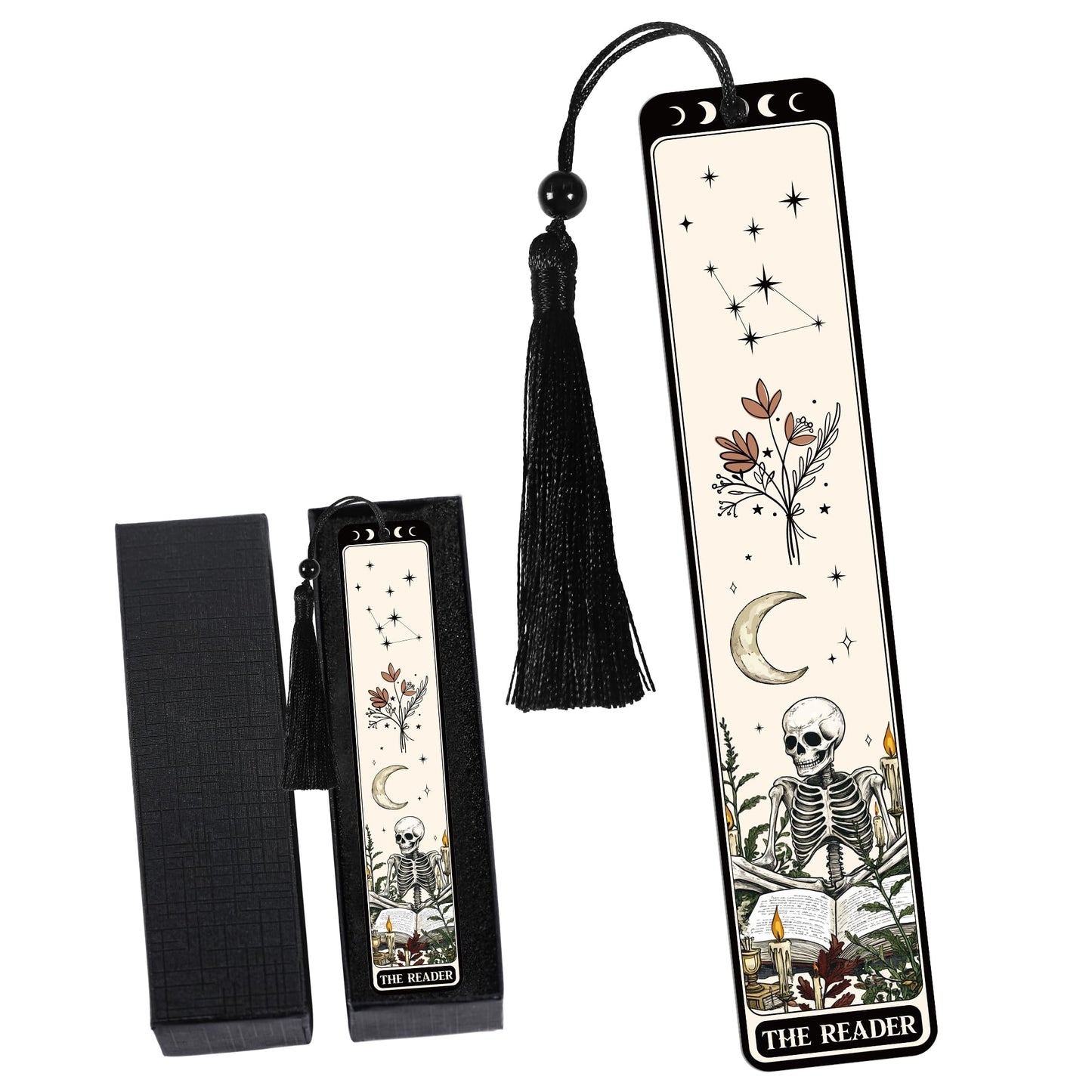 Gothic Skull Bookmark Gifts: Skeleton Romance Metal Book Marks for Reading Women, Horror Page Marker Clips with Tassel, Bookish Gift with Box for Readers Women Students School Office Supplies