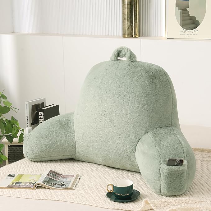 PAJEO Reading Pillow for Sitting in Bed, Large Backrest Reading Pillow with Arm Rest,Back-Rest Support Cushion for Sit Up on Couch, Sofa, and Floor, Dorm Essentials (Green Faux Fur, Large(19"))