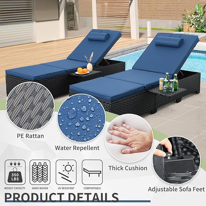 WAROOM Outdoor Chaise Lounge Chairs for Outside Patio Furniture Set of 2 Wicker Recliner Black Rattan Reclining Pool Sunbathing Chair Adjustable Backrest Lounger with Blue Cushion
