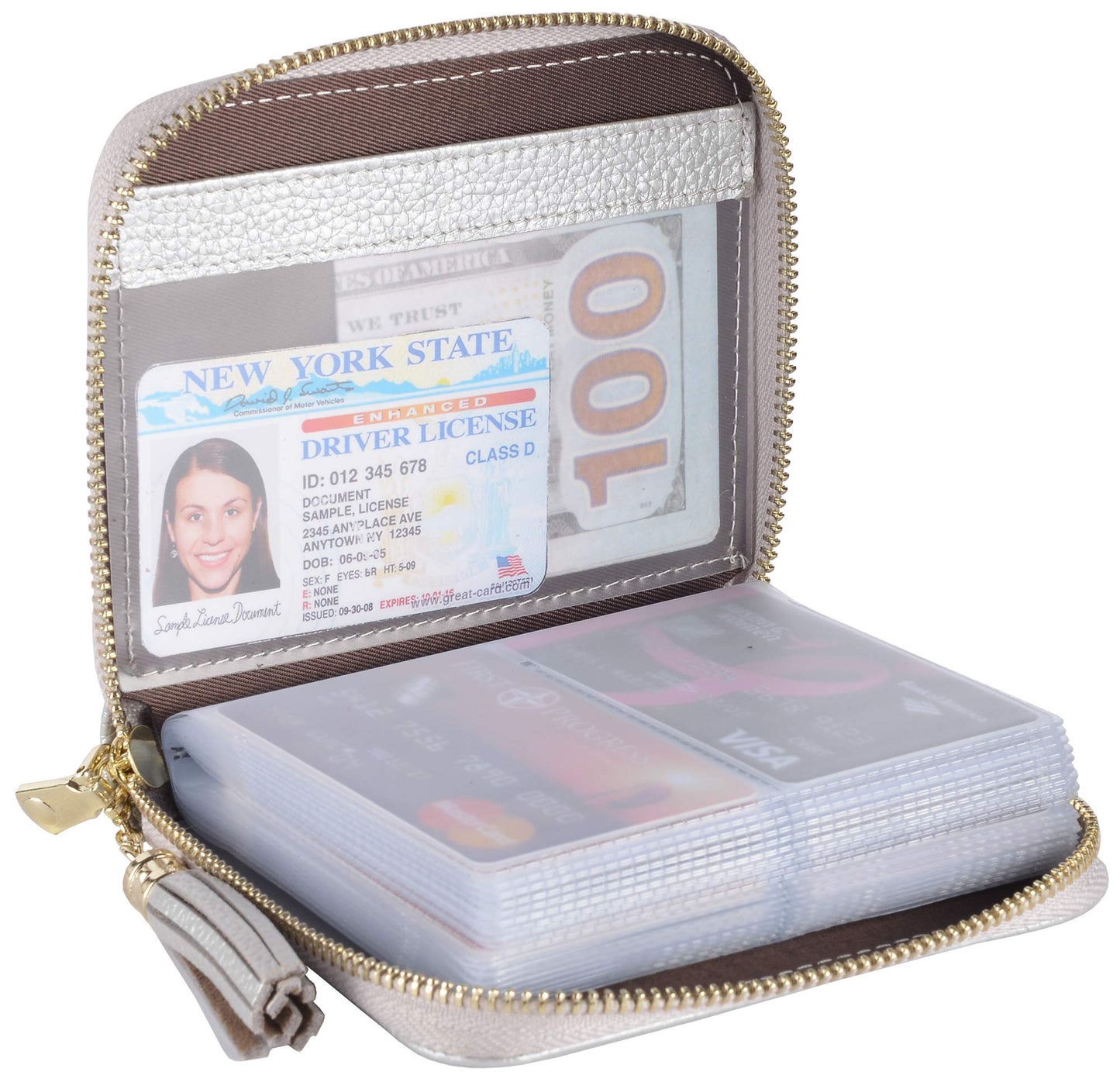 Easyoulife Womens Credit Card Holder Wallet Zip Leather Card Case RFID Blocking (Silver)
