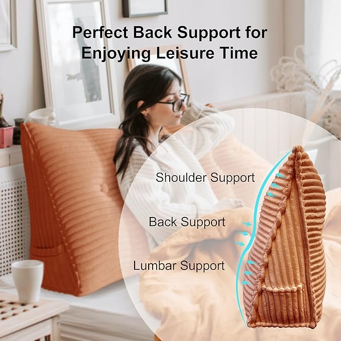 Wedge Headboard Pillow Dorm Room Reading Pillow Back Support for Sitting Up in Bed Bolster Lumbar Cushion Body Positioning Bedrest Corduroy (Peachy Coral, Twin (39 * 8 * 20in))