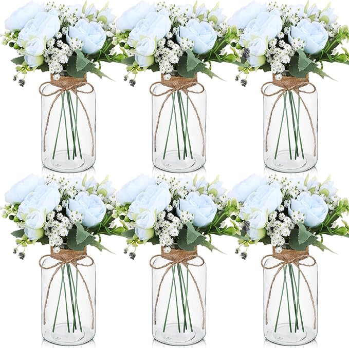 Zeyune 6 Sets Vintage Glass Vases with Artificial Peony Baby's Breath Flower Bouquets Wedding Centerpiece Farmhouse for Va...