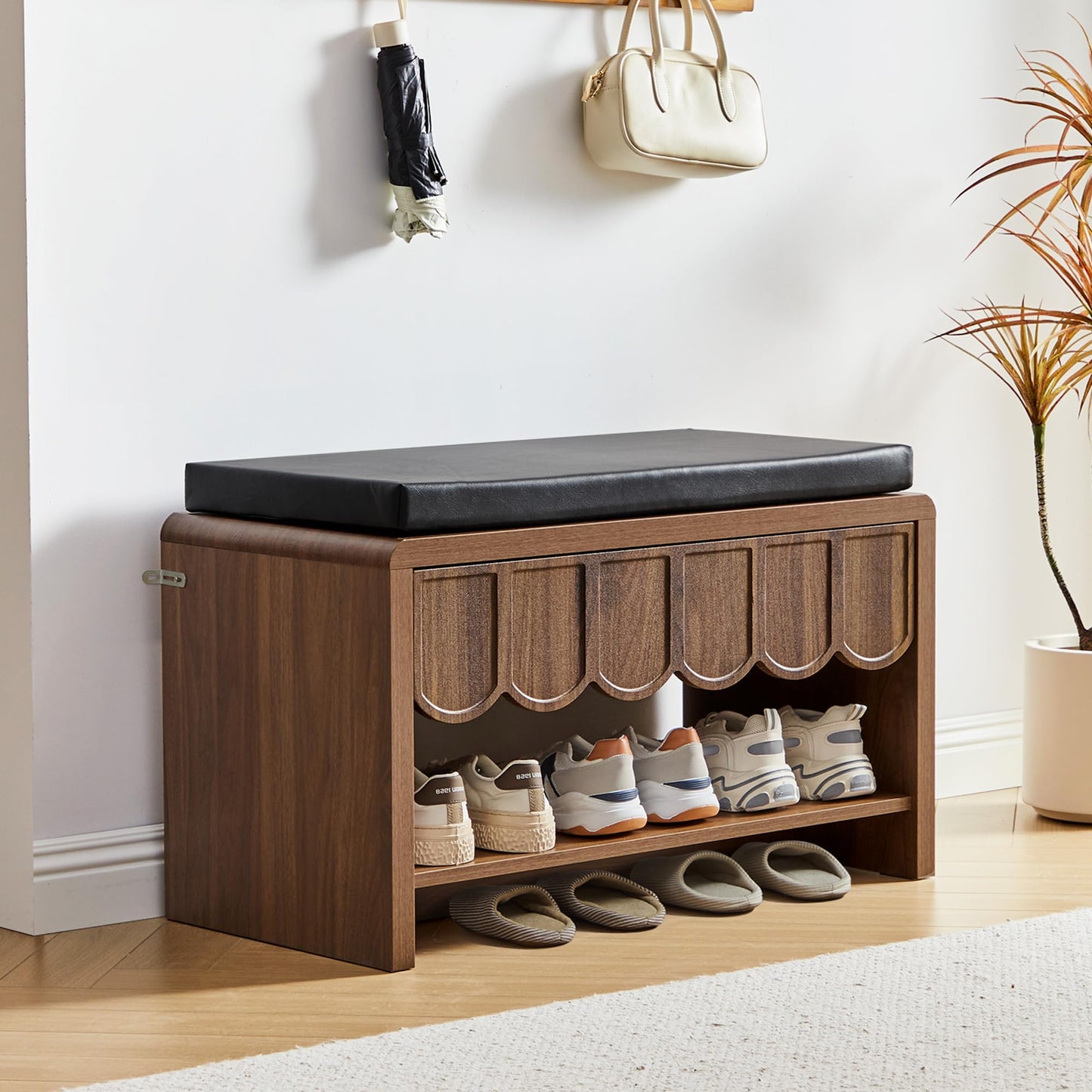 Shoe Storage Bench with Cushion, Shoe Rack Organizer Cabinet Bench with Wave Panel Drawer and Open Shelf for Entryway, Hallway, Living Room (Walnut)