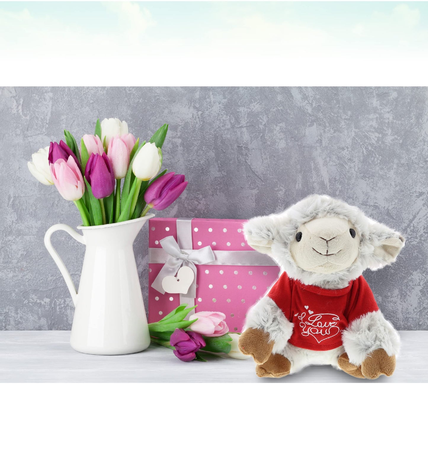 DolliBu I Love You Valentine Plush Squat Sheep - Cute Stuffed Animal with Red Shirt and Name Personalization Gift for Valentines Day, Birthday, Anniversary, Romantic Date - 8 Inches