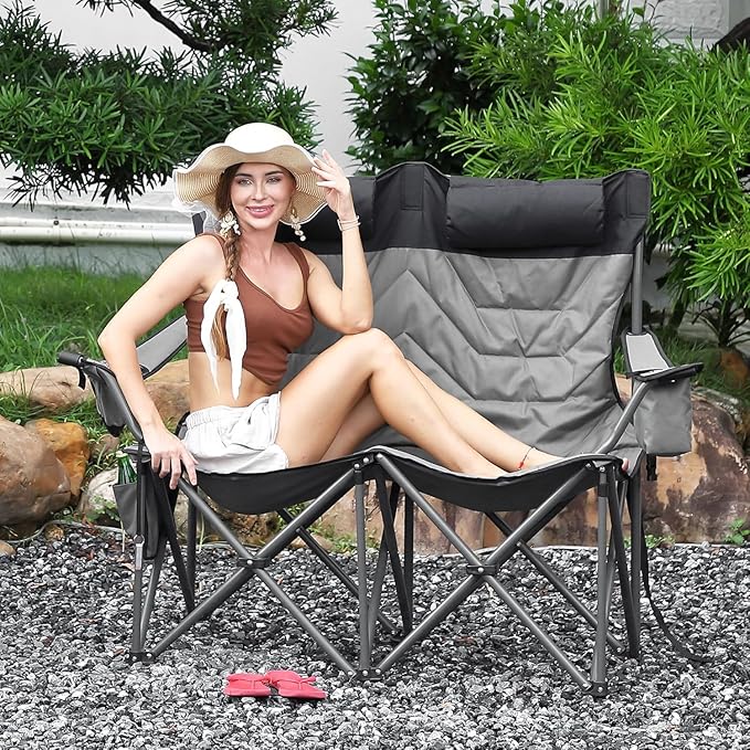 Oversized Double Camping Chairs, Heavy Duty Padded Loveseat Chair - 900 LBS Support for Adult - Comfortable Camping Chair with High Back & Pillow