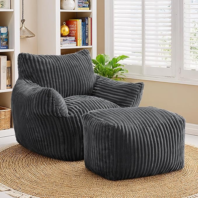 JULY'S SONG Bean Bag Chair with Ottoman for Adults, Fluffy Grey Lazy Couch Sofa Chair with Armrests for Living Room, Bedroom & Dorm