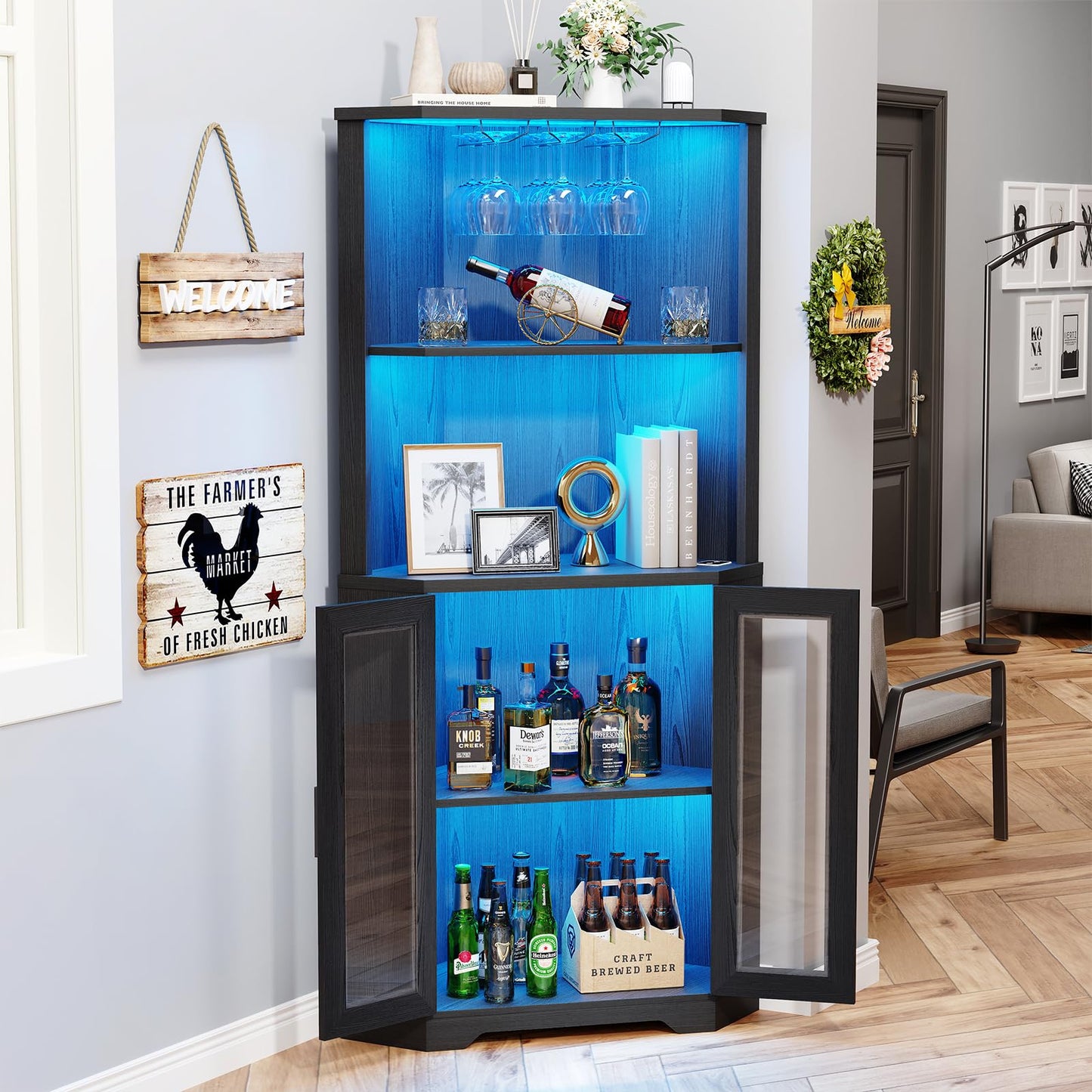 BROTTAR Corner Wine Bar Cabinet with LED Lights, 65" Tall Liquor Coffee Bar Cabinet with Glasses Holder & Tempered Glass Door, Alcohol Storage Hutch with Human Body Sensor for Dining Room, Black