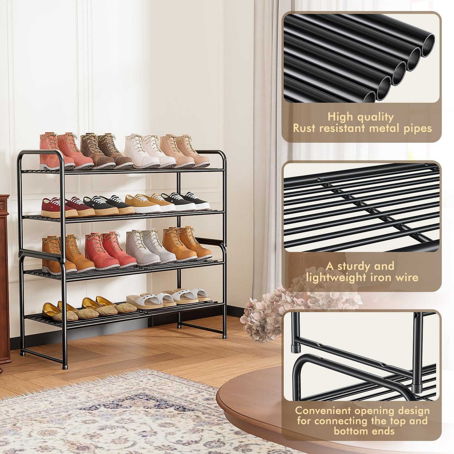 SUFAUY 2-Tier 33" Wide Shoe Rack, Closet Metal Shoe Rack Organizer Heavy Duty, Stackable, Black