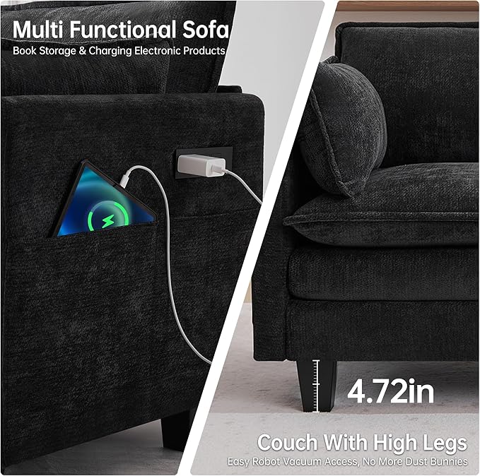 Opiesit 108" Modular Sectional Couches for Living Room with Ottoman, L Shaped Cloud Couch with Charger, USB & Type-c Port, Comfy Sofas with Deep Seat, Chenille Fabric, Black