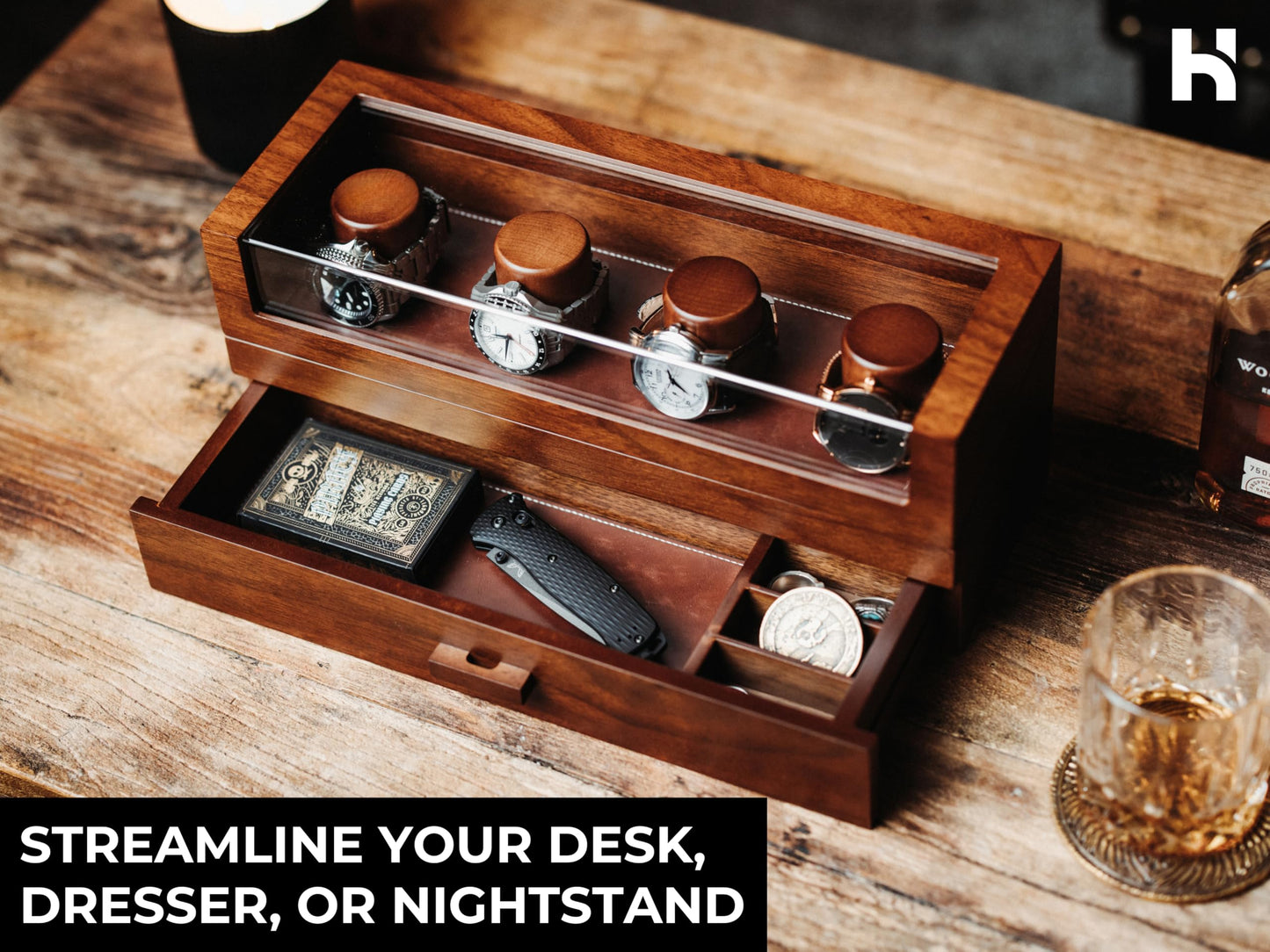 Premium 4 Slot Watch Box for Men (2026 Upgraded) – Wooden Watch Display Case with Hinged Wood Cover, Leather Lining & Drawer – Watch Organizer Stand – Handcrafted Luxury Father's Day Present for Men