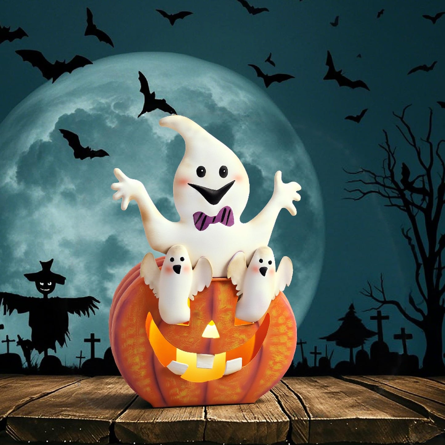 TERESA'S COLLECTIONS Halloween Decorations, Ghost and Pumpkin Halloween Decor, Large Ghost and Orange Jack O Lantern with Light, 12", Metal Outdoor Garden Statue, Indoor/Outdoor
