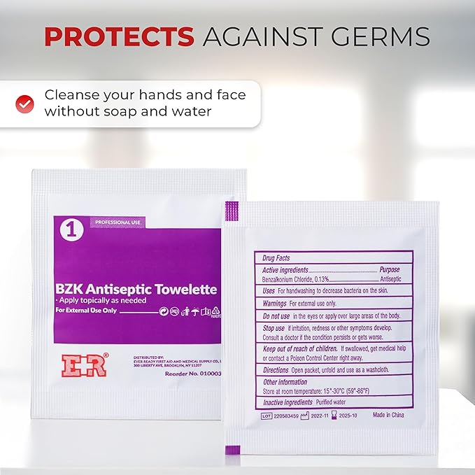Benzalkonium BZK Wipes [Pack of 100] – 5”x7” Antiseptic Towelettes, First Aid Hand Wipes, Individually Wrapped for Skin Cleansing