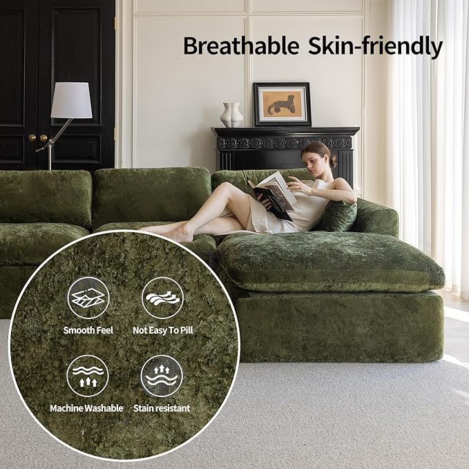 115''Cloud Sectional Couch, Modern L-Shape Sofa with Ottoman, Oversized Convertible 3 Seater Modular Couches for Living Room, Forest Green