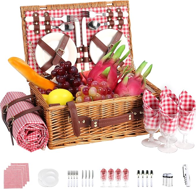 Neti Neti Wicker Picnic Basket for 4 with Insulated Cooler & Waterproof Blanket – Large Willow Picnic Hamper for Outdoor, ...