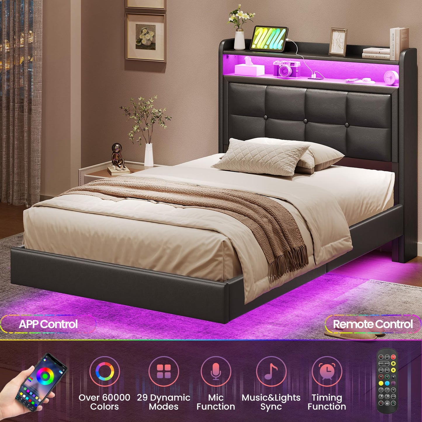 Twin Size Floating Bed Frame with Tufted Storage Headboard, LED Upholstered Platform Bed with 4 Charging Ports, Black Pu Leather Bed, No Box Spring Needed, Wood Slats