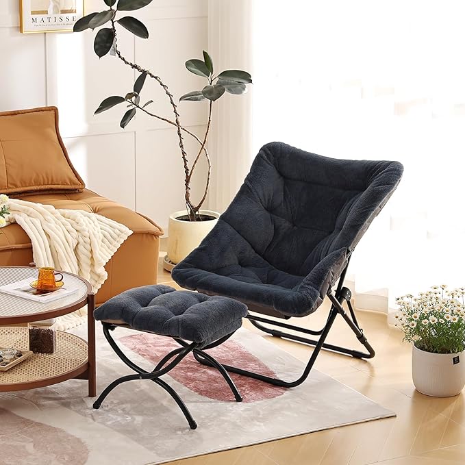 Givjoy Comfy Folded Chair, Soft Faux Fur Oversized Folding Chair, Flexible Lounge Lazy Chair for Kids Girls Teens Adults, Moon Chair for Dorm Rooms, Bedroom, Living Room
