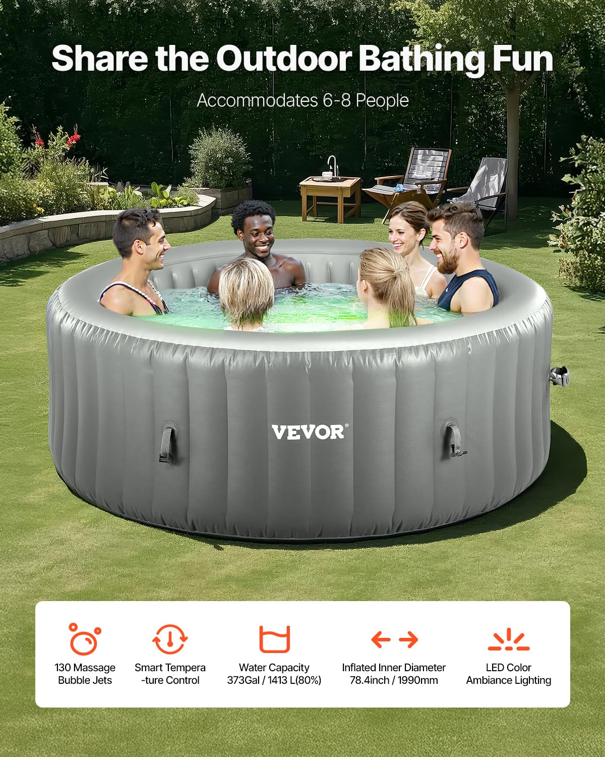 VEVOR Inflatable Hot Tub, 6 to 8 Person Capacity, 94.5 x 26in Round Portable Outdoor Spa, with 130 Soothing Jets, Headrest, LED Light, Cover, Multi-Function Control Panel, PVC Outdoor Hot Tub, Grey
