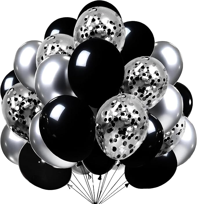 Firomi Metallic Chrome Silver Black Latex Balloons 12 inch 70 Pack Black and Silver Confetti Balloons Set for Birthday Wed...