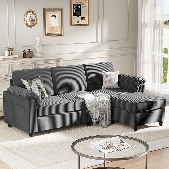 Meilocar Sectional Couches for Living Room, L Shaped Couch with Side Storage Pockage, Comfortable 3 Seat Sofa Couches for Apartment, Grey