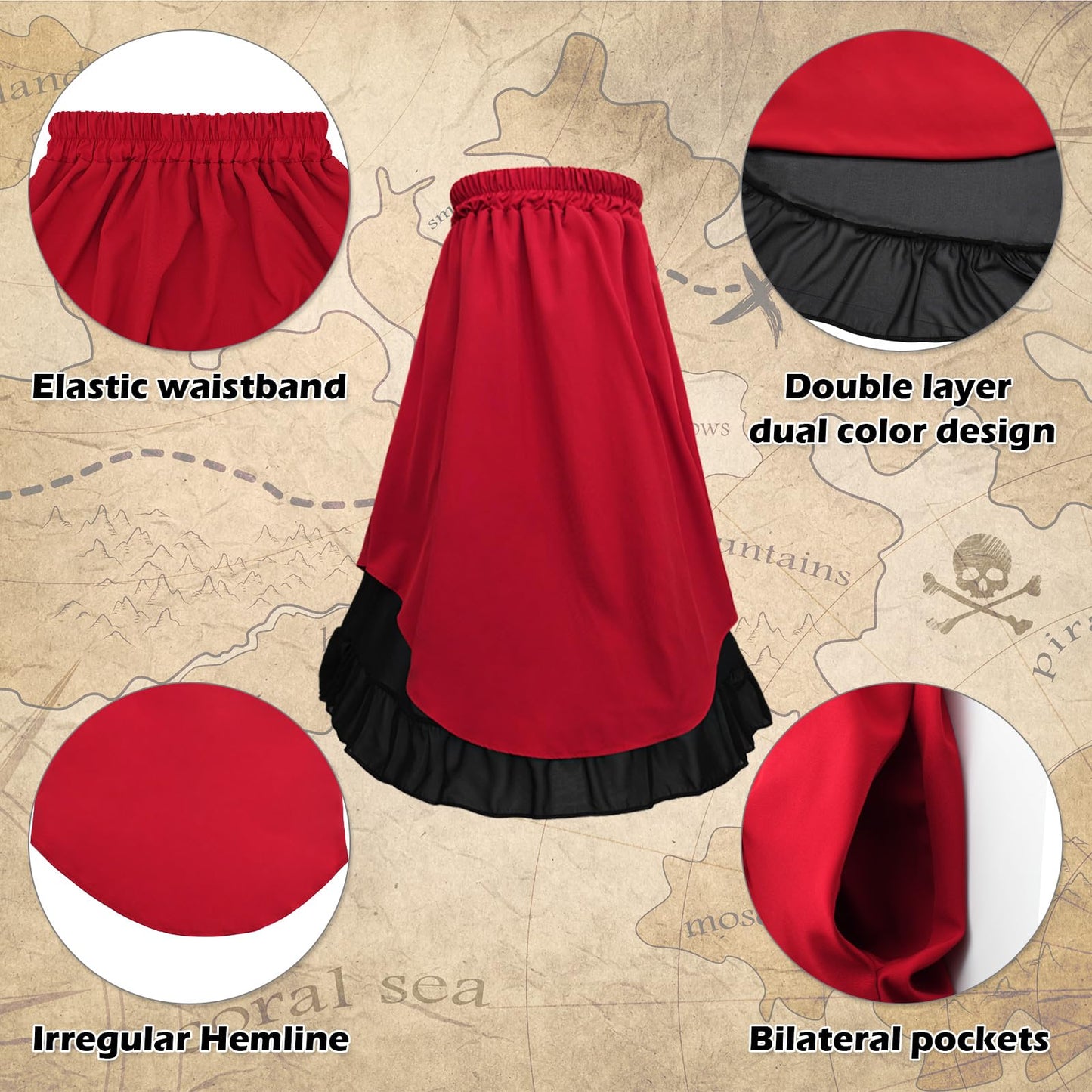 Prebene 7 Pcs Halloween Womens Pirate Costume Renaissance Pirate Blouse Tops Skirt Medieval Corset Belt Headscarf Eye Patch Outfit (Beige + Red, XXL)