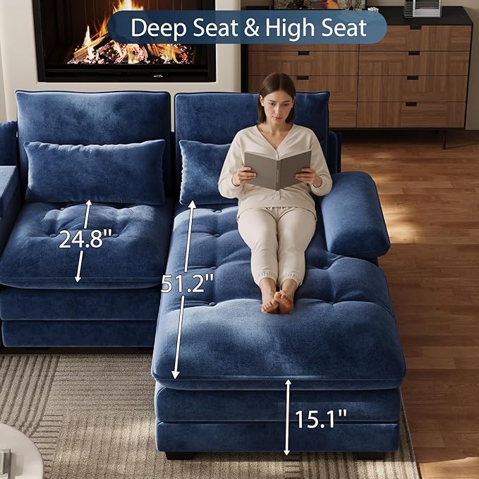 BEQAI 134"U Shaped Sectional Couches for Living Room,Oversized Modular Sectional Fluffy Couch with Chaise Lounge & Tufted Buttons,Modern Chenille 6 Seat Living Room Sofa Set with Storage Console, Blue