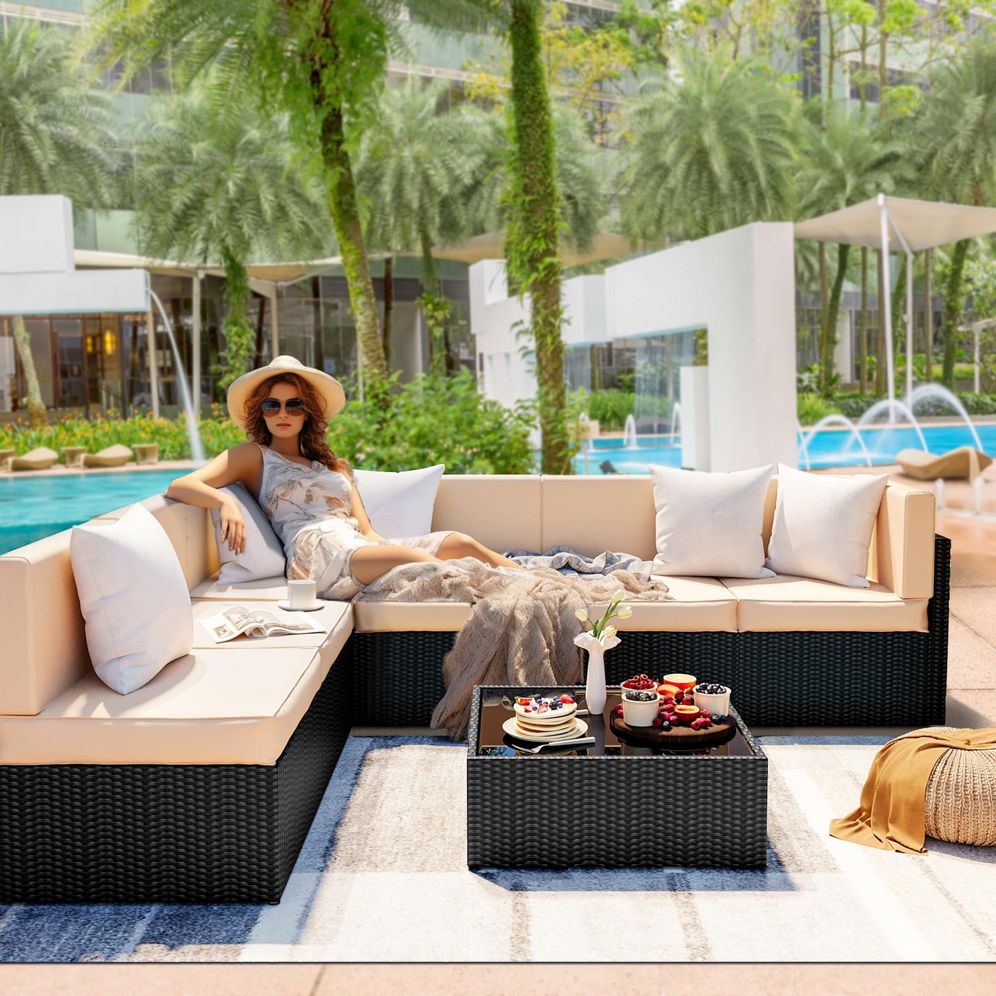 Pamapic 7 Pieces Outdoor Sectional Furniture，Wicker Patio sectional Furniture Sets，All-Weather Rattan Sectional Sofa Conversation Set with Coffee Table and Washable Couch Cushions Covers