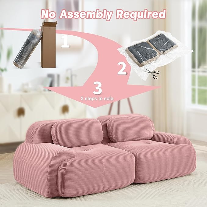 SoarFlash 81" Loveseat Sofa, Comfy Deep Seat, No Assembly, Sofa in a Box, Modern Small Couch with Plush Corduroy Fabric for Living Room, Bedroom, Apartment, Home Office, Pink