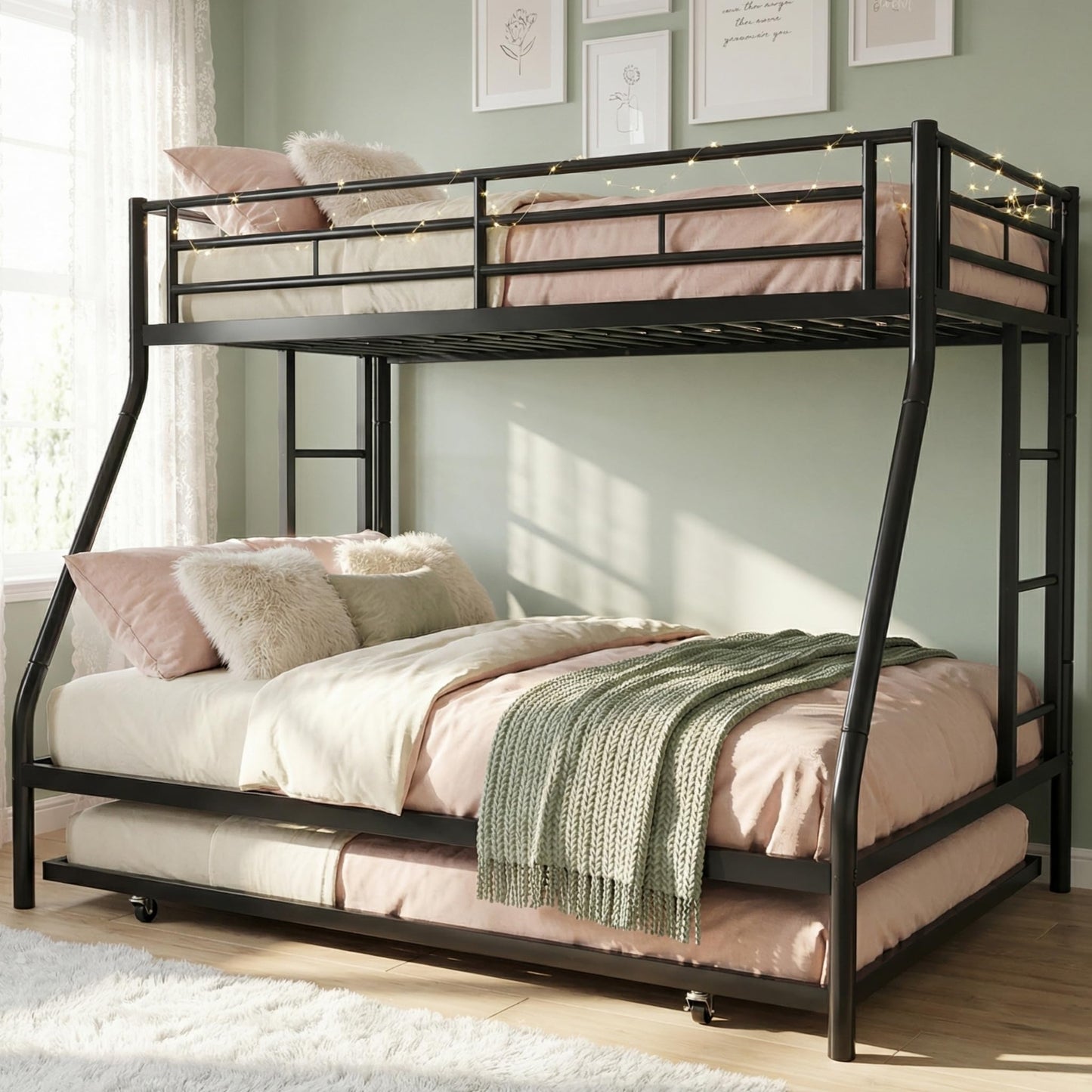 SUNLEI Twin Over Full Bunk Beds with Trundle, Heavy Duty Metal Triple Bunk Bed Frame, 3 Beds Space Saving Bunk Bed with Guardrails & Ladder, No Box Spring Needed, for Kids Teens Adults Bedroom, Black