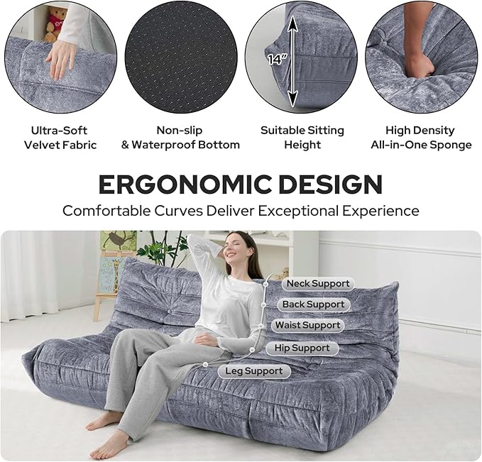 HABUTWAY Bean Bag Chair, Giant Bean Bag Chairs for Adults, 3 Seater Fireside Chair, Lazy Large Floor Bean Bag Sofa for Living Room, Bedroom, Dorm, Office (Grey)