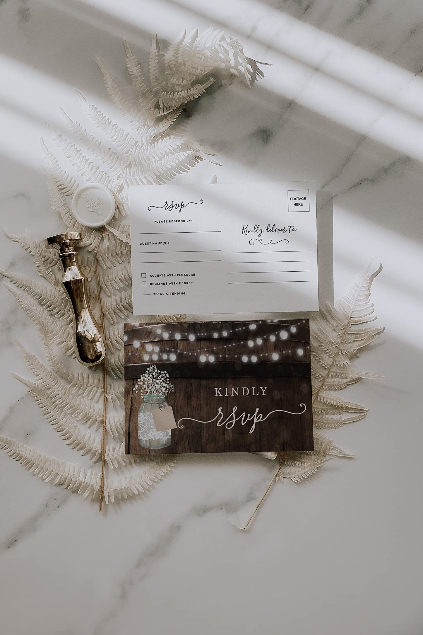 Your Main Event Prints 50 Rustic Mason Jar RSVP Postcards for Wedding, Response Cards, Reply Cards Perfect for Bridal Shower, Rehearsal Dinner, Engagement Party, Baby Shower