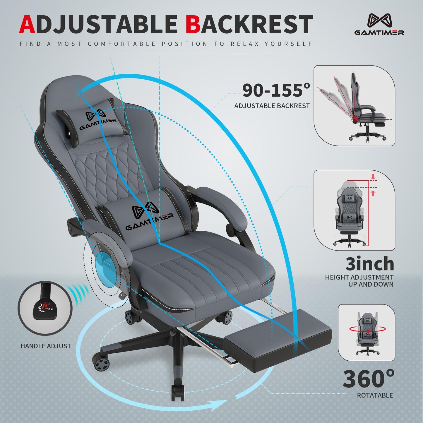 Gaming Chair with Footrest, Ergonomic Computer Chair, PU Breathable Material with Headrest and Lumbar Support, Suitable for Silla Gamer and Adults (Grey)