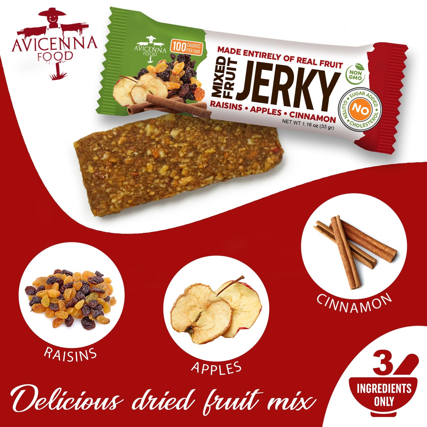 AVICENNA FOOD Variety Pack Natural Fruit Bar, No Added Sugar, Gluten Free, Non GMO, High Fiber Healthy Snacks for Adults and Kids, dried Fruit Jerky (12 Pack)