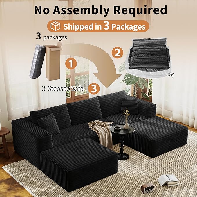 Fancyfire 108" Cloud Modular Sectional Couch with 2 Ottoman,Ultimate Comfort U-Shaped Deep Seat Sofa,Boneless Couch Upholstered 3-Seater Sofas for Living Room, No Assembly Required(Black)