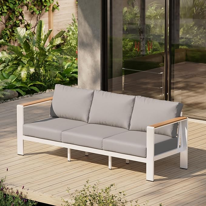 Oasbira Aluminum Outdoor Patio Furniture, 3 Seats All-Weather Outdoor Patio Sofa with Washable Thick Cushion, Patio Sofa Couch for Porch, Balcony, Deck, Yard, White