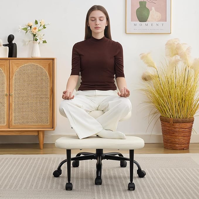 Ergonomic Cross Legged Office Chair, Criss Cross Chair with Wheels, 360°Swivel ADHD Meditation Kneeling Yoga Seat with Adjustable Height, Ergonomic Back Support and Leg Rest, Leather (White)