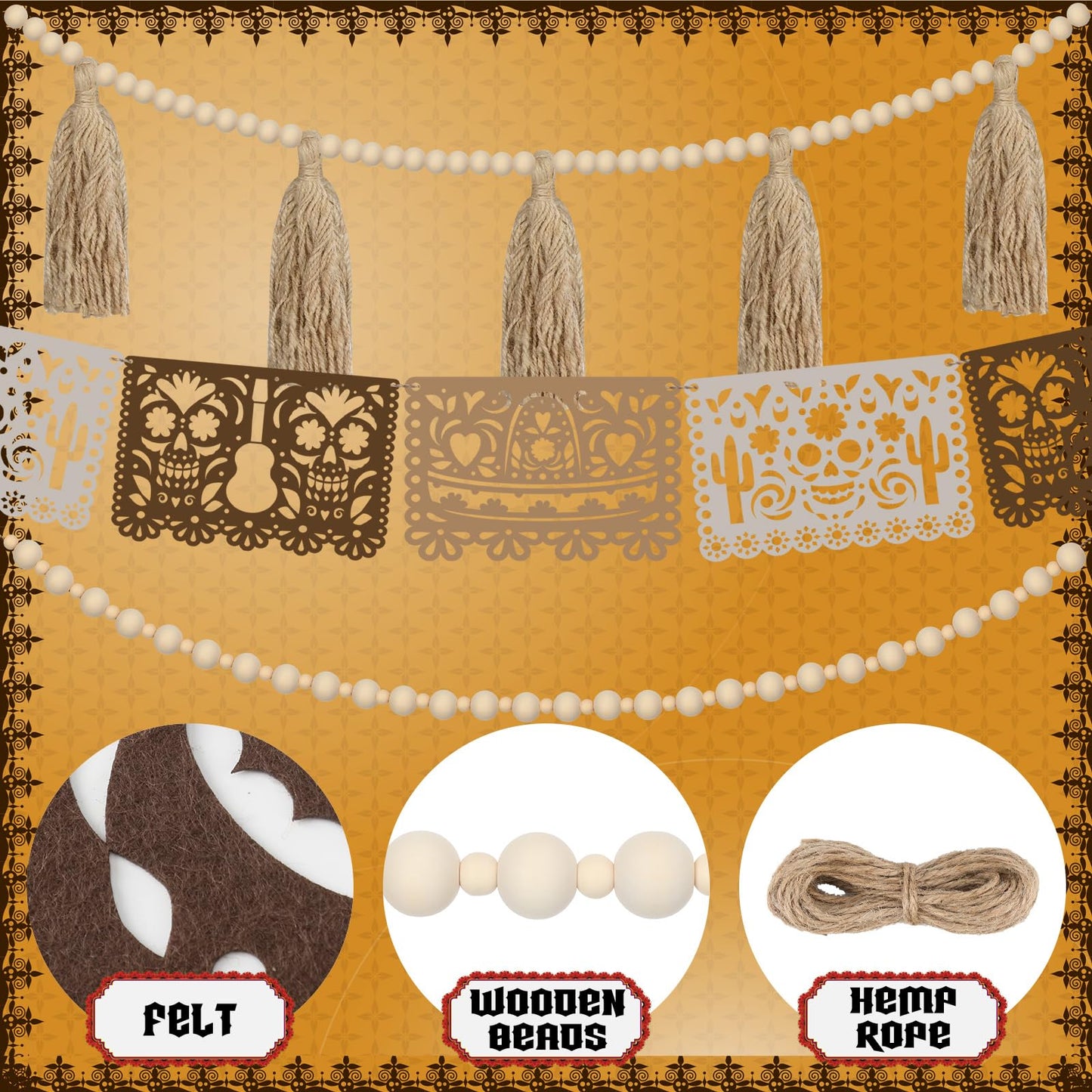 RoundFunny 3 Pack 23 ft Day of the Dead Garland Neutral Wood Bead Felt Dia De Los Muertos Decorations for Altar Day of the Dead Banners for Home Mantel Door Window Indoor Mexican Fiesta Party Supplies