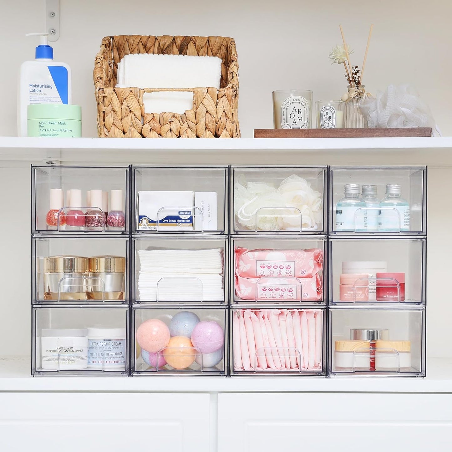 Vtopmart 6 Pack Clear Stackable Storage Drawers, 4.4'' Tall Acrylic Bathroom Makeup Organizer,Plastic Storage Bins For Vanity, Undersink, Kitchen Cabinets, Pantry, Home Organization and Storage