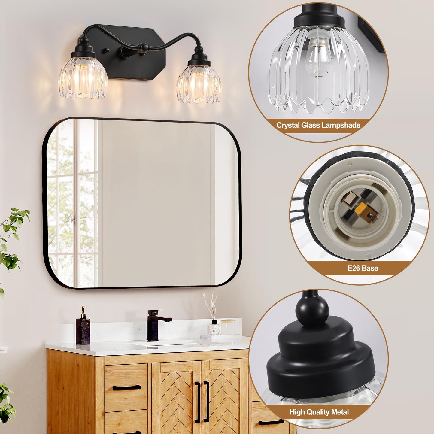 CmnVmn Vintage Bathroom Light Fixtures, 2 Light Bathroom Vanity Light, Black Matte Antique Brass Finish with Crystal Glass Shade, Mid Century Wall Sconces for Bedroom, Living Room, Hallway