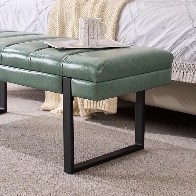 AIITTCC Faux Leather Bench 46.5" Ottoman Bench,Tufted Padded End of Bed Bench with Metal Legs, Upholstered Shoe Bench for Bedroom Living Room Entryway Window (Sage Green, 46" Wide)