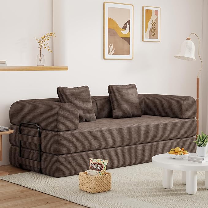 77" Convertible Sofa Bed, Modular Folding Futon Corduroy Floor Foam Compressed Loveseat Sleeper Sofa Couch, Pull Out Queen Size Couch Bed with 2 Pillows for Living Room Guest Room Studio, Brown