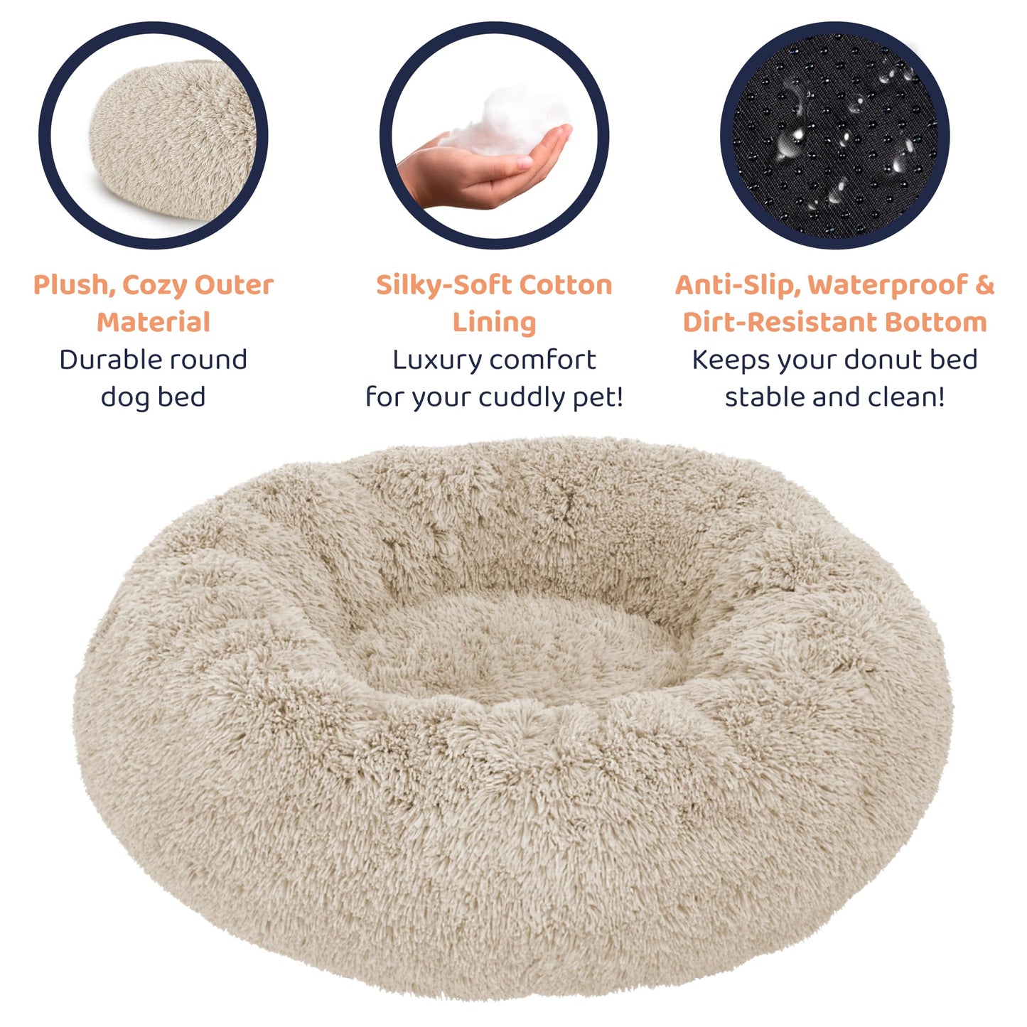 Petloox Donut Dog Bed - Premium Comfort for Anxiety Relief - Fluffy & Calming Design with Ultra-Plush Support | Cozy Round Dog Bed with Super Soft Circle Style (Size L Beige)