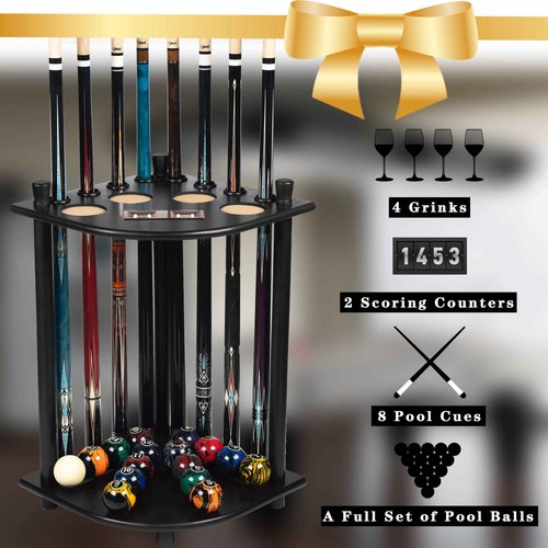 Billmart Pool Stick Holder Floor Stand, Solid Wood Billiard Pool Cue Rack, Pool Table Accessories (Black)