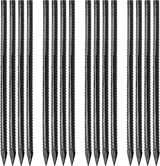 Besitu 16 inches Ground Rebar Stakes (16 pcs) Heavy Duty Metal Spikes for Concrete Timber Garden Plant, Long Straight Steel Stakes for Tent, 3/8" Thickness Ground Anchors with Chisel Point End, Black