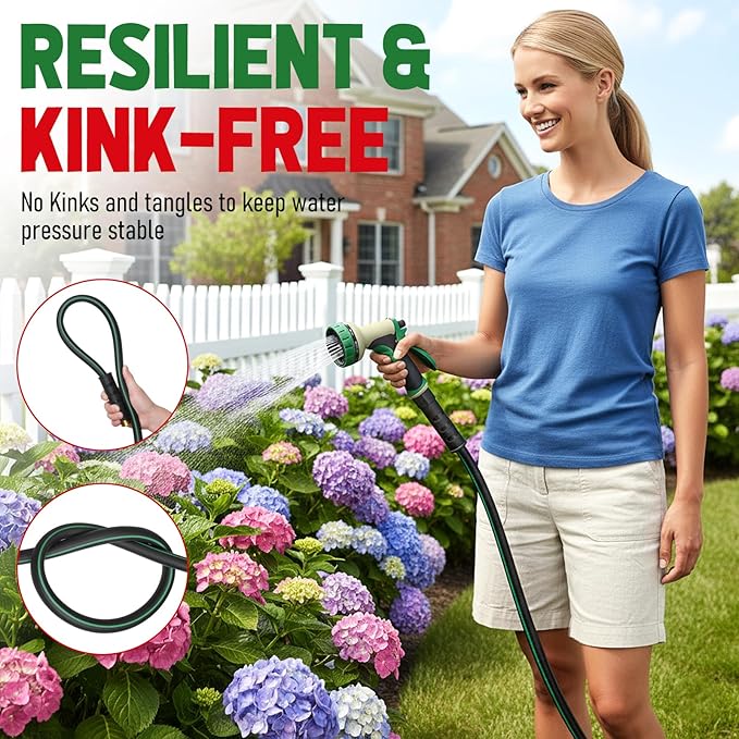 Heavy Duty Garden Hose 75ft with Nozzle, NON-EXPANDABLE Flexible Water Hose, Kink Resistant Lightweight Hybrid Hose, Leakproof Hose Male to Female Fittings