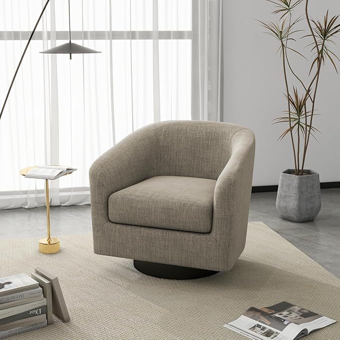 UIXE Swivel Barrel Accent Chairs Set of 2, Fabric Upholstered Armchair Modern Round Club Arm Chair for Living Room, Comfy Single Sofa Seating Bedroom Side Reading Seat for Home Office - Light Brown