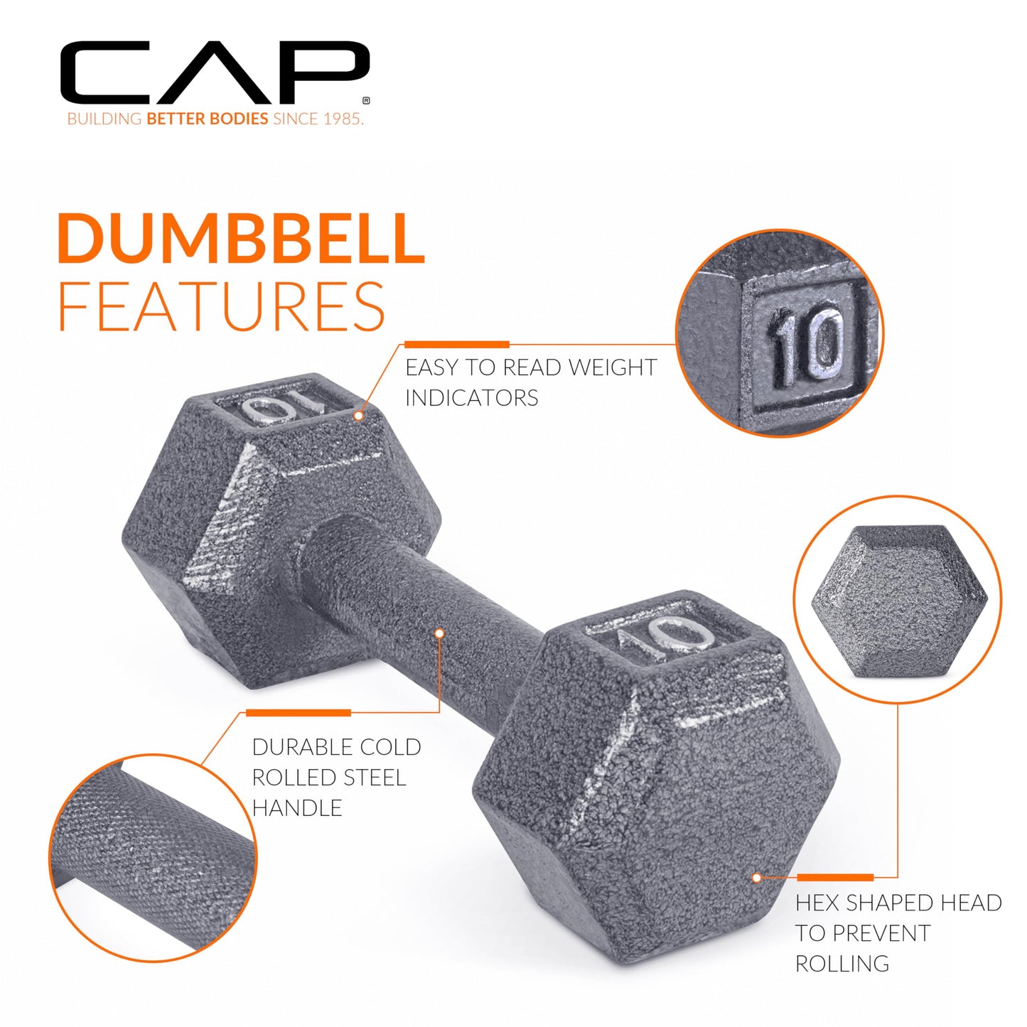 CAP Barbell Cast Iron Hex Dumbbell, Single, 10 lb
