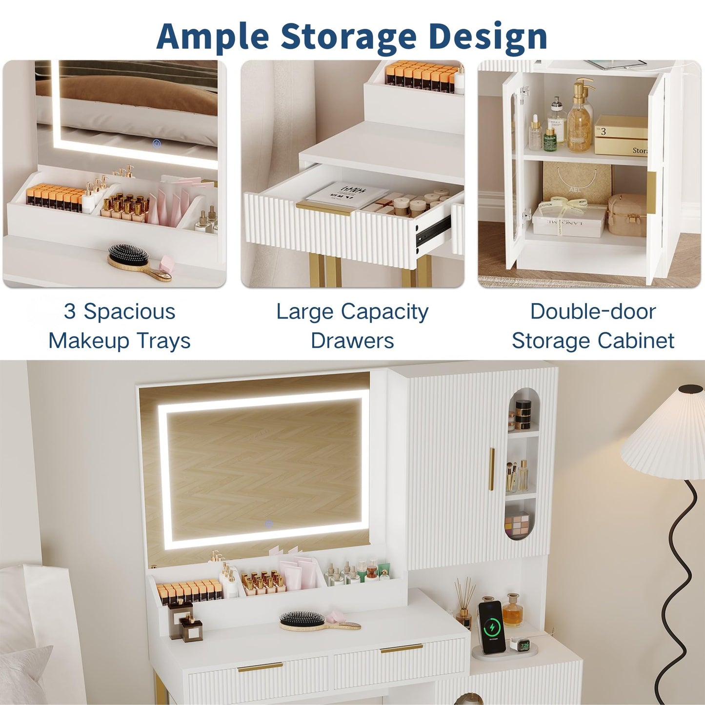 IDEALHOUSE Fluted Vanity Desk with Mirror and Lights, 45" Makeup Vanity with Large Cabinets, Drawers, Dressing Table with 3 Color Lighting Modes, Built-in Charging Station for Bedroom, White