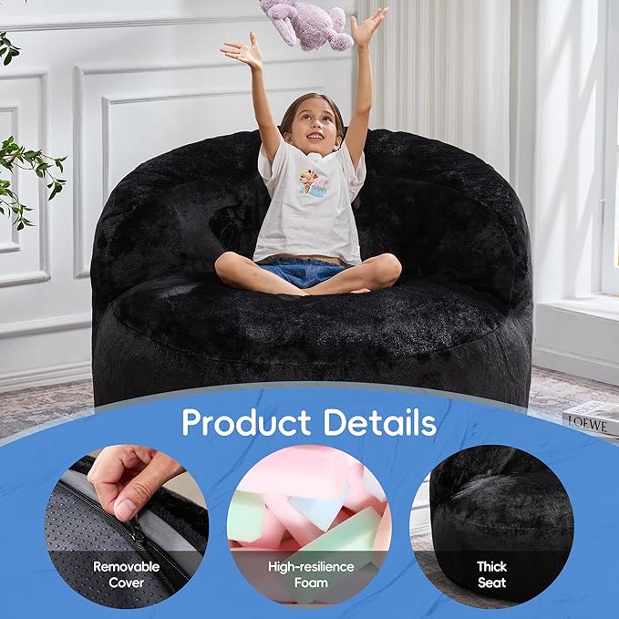 Hobestluk Bean Bag Chair Giant Bean Bag Chairs for Adults Big Bean Bag Chair with Memory Foam Filler Adults Large Beanbag with Faux Fur Cover for Bedroom (Plush Black,Large)