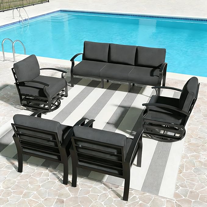 RTDTD Aluminum Outdoor Patio Furniture Set,5 Pieces 7 Seats Patio Conversation Sets with 2 Swivel Rocking Chairs,Metal Patio Sectional Furniture Set with 5.1" Thickened Cushions,Black